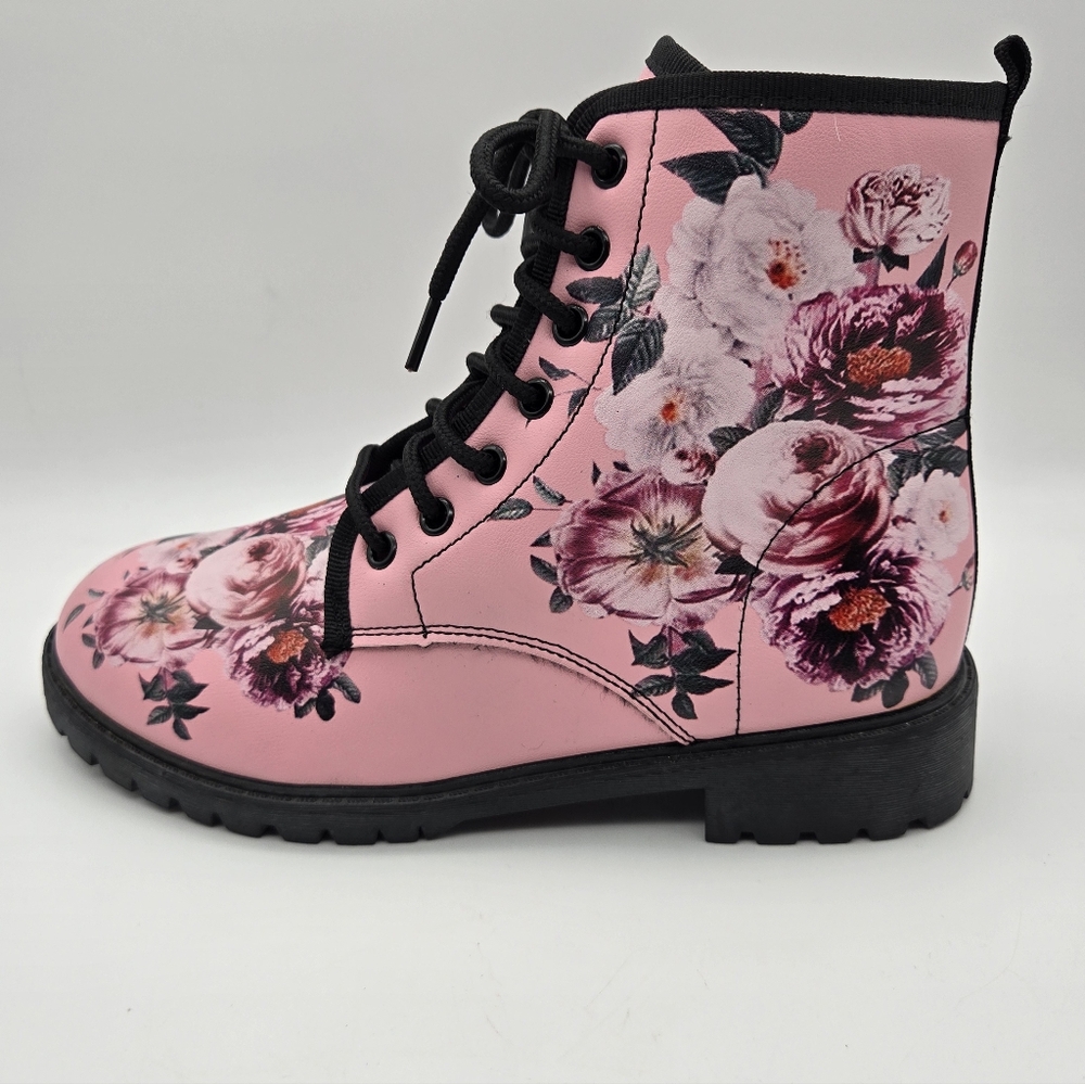 Floral Pink Lace-Up Women's Boots - Picture 3 of 9
